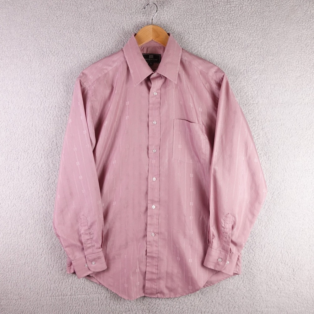 Vintage 70s Givenchy Monsieur Mens Dress Shirt Pink Monogram Jacquard 16 32-33